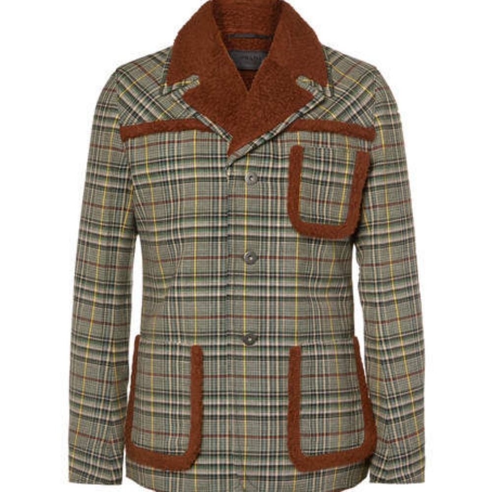 Prada Faux Shearling Panelled Checked Wool Jacket